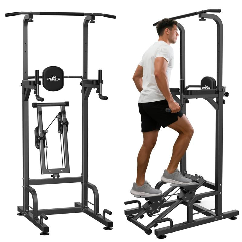 Relife Sports Power Tower Dip Station Pull up Bar for Fitness Home Gym Workout,Multi-Function Adjustable Height Fitness Strength Training Exercise Equipment,With Stair Stepper Tiktokshopholidayhaul